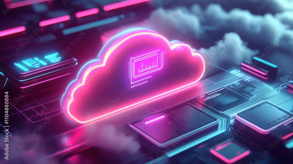 Neon Cloud Computing Concept with Circuitry and Data Visualization Neon Cloud Computing Concept with Circuitry and Data Visualization