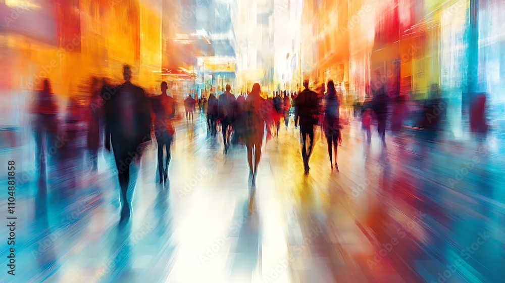 Blurry Crowd Moving Through Vibrant Cityscape Blurry Crowd Moving Through Vibrant Cityscape