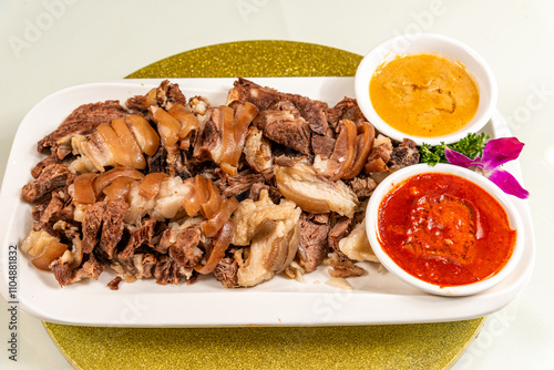 White-cut Dongshan lamb on a plate close-up