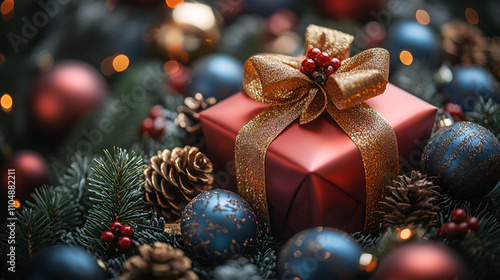 A top view festive red gift box wrapped in a golden ribbon lies on a green background shaped like a Christmas tree, surrounded by holiday ornaments，stock photo, 2/3 space for text.,,in clothes