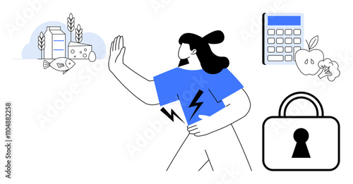 Person touching stomach and extending hand towards dairy and fish, calculator, apple, and lock. Ideal for dietary restrictions, food intolerance, nutrition, health, wellness calorie counting