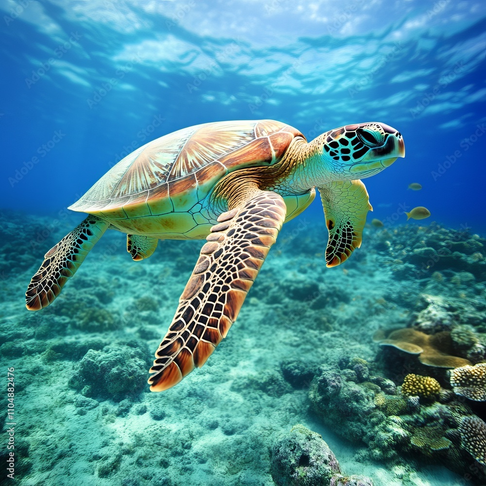 Fototapeta premium A majestic sea turtle gracefully swims through a vibrant coral reef, sunlight illuminating the scene.