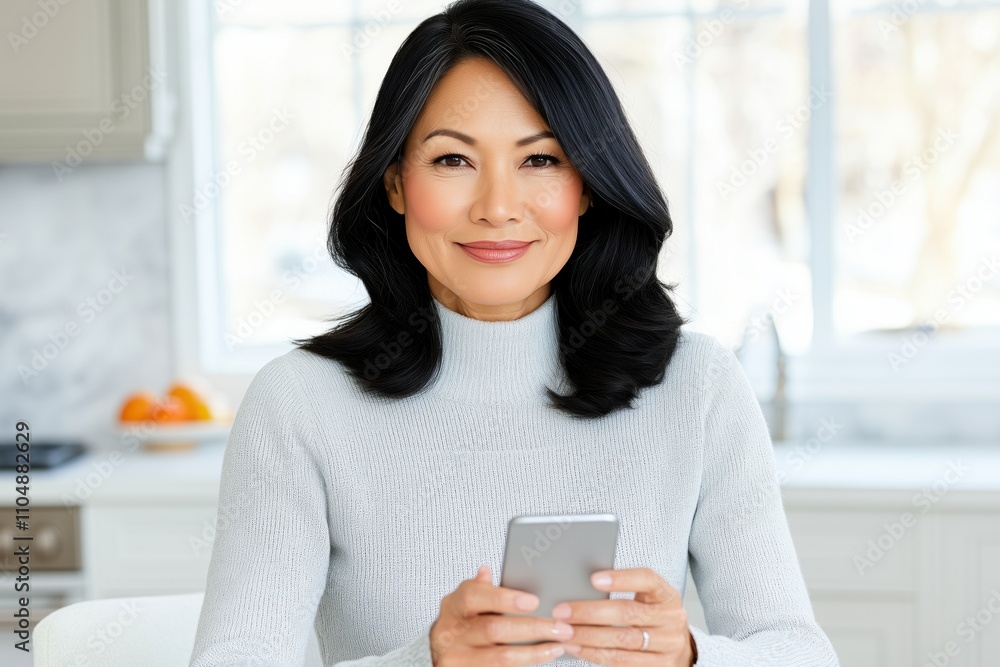 Middle-aged Asian woman engages in online banking in a modern kitchen during bright morning hours Middle-aged Asian woman engages in online banking in a modern kitchen during bright morning hours
