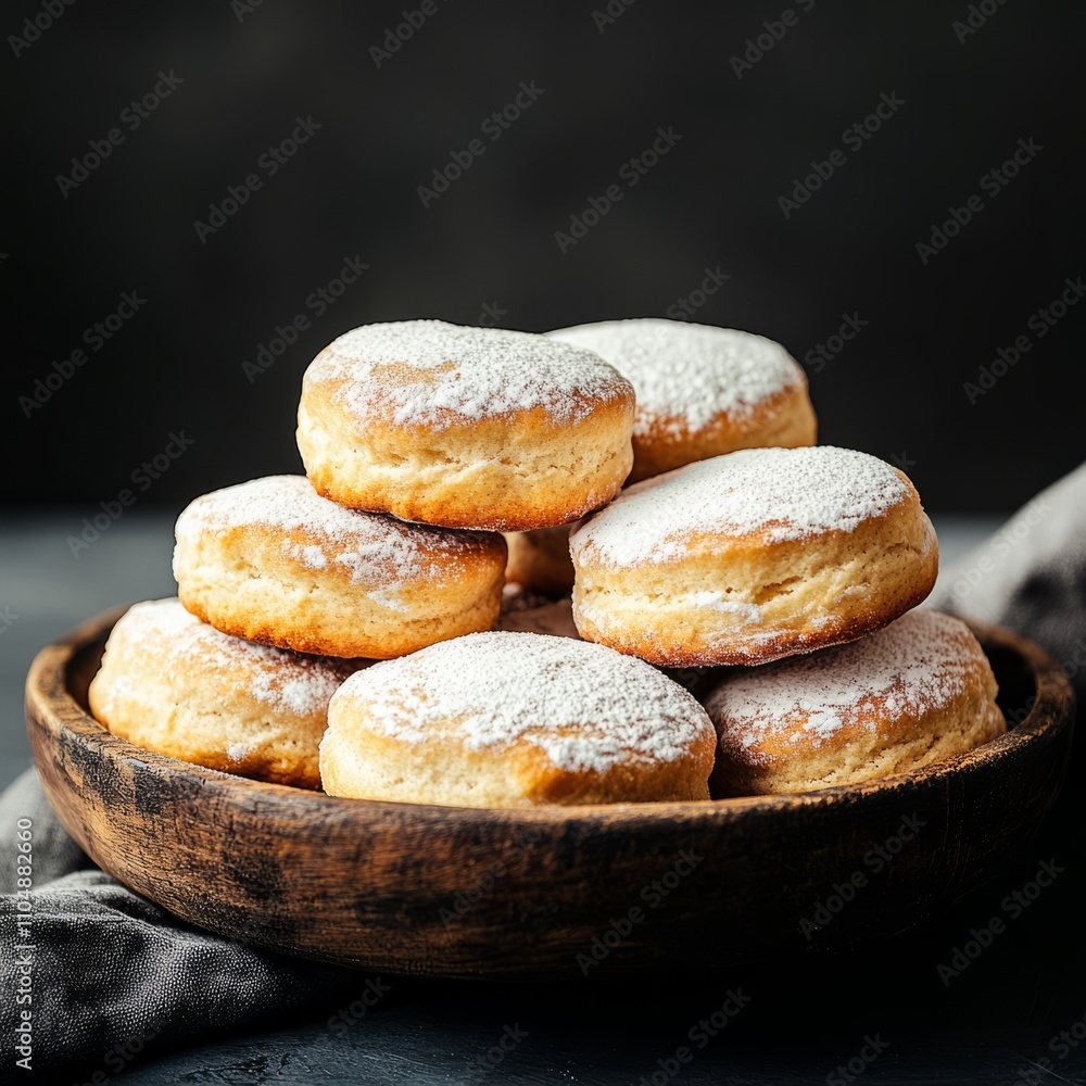A rustic wooden bowl filled with a stack of delicious, powdered sugar-dusted doughnuts. A rustic wooden bowl filled with a stack of delicious, powdered sugar-dusted doughnuts.