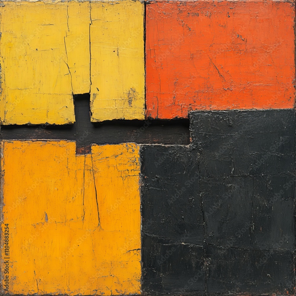 Naklejka premium Abstract artwork with four color blocks; yellow, orange, and black, showing texture and cracks.