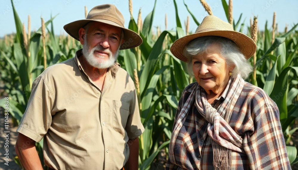 Fototapeta premium an older couple in a rural setting, surrounded by tall corn plants
