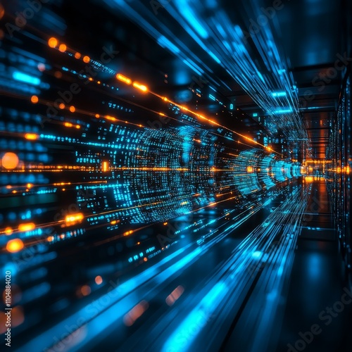 A futuristic tunnel of light beams and data streams, showcasing a vibrant blend of blue and orange colors, symbolizing technology and digital connectivity.