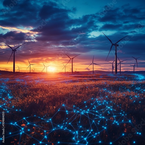 A vibrant sunset over a field of wind turbines, illuminated by a network of glowing blue connections, symbolizing renewable energy and technology.