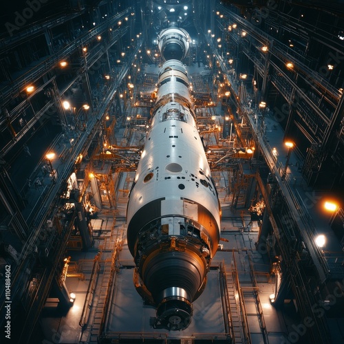 A large rocket is being prepared for launch inside a dimly lit assembly facility, surrounded by machinery and bright lights.