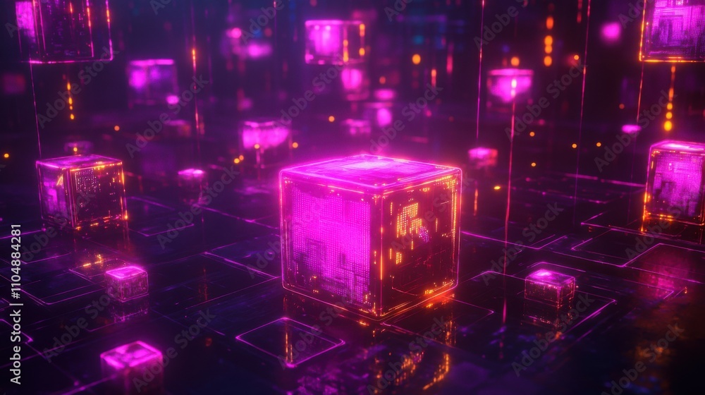 Fototapeta premium Futuristic Abstract Digital Blocks with Neon Light Effects