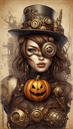 Steampunk girl celebrates Halloween with a smiling pumpkin. 