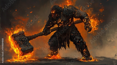 Fiery giant wielding a flaming hammer. photo