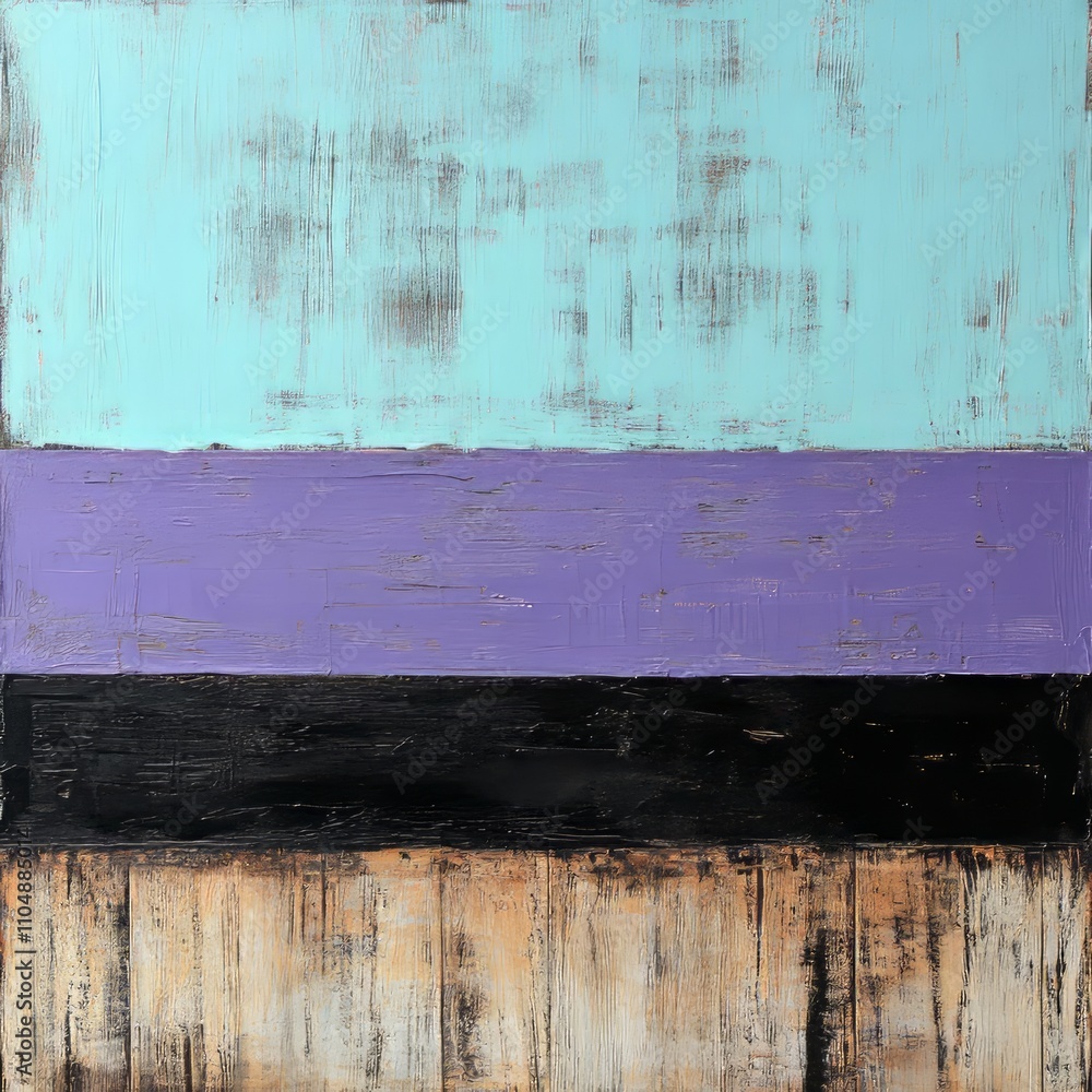 Fototapeta premium Abstract painting with teal, purple, black, and beige horizontal stripes on a textured wood background.