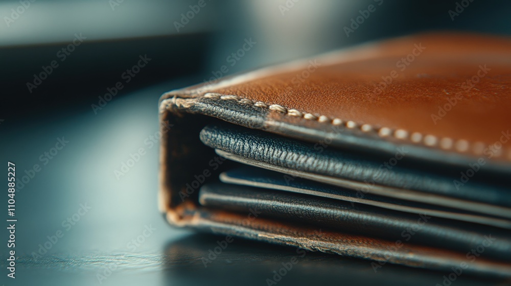 Close-up of a Brown Leather Wallet on a Dark Table Surface Showcasing Textured Finish and Neatly Folded Sections for Everyday Use and Stylish Organization Close-up of a Brown Leather Wallet on a Dark Table Surface Showcasing Textured Finish and Neatly Folded Sections for Everyday Use and Stylish Organization