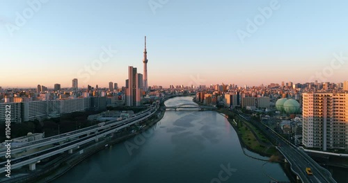 TOKYO JAPAN. Aerial view 4k video by drone of Buildings in Tokyo city Japan on sunrise.
