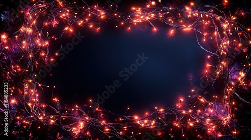 A frame of thin decorative wires wrapped in glowing, red lights, around the blank center, set against a solid dark background photo