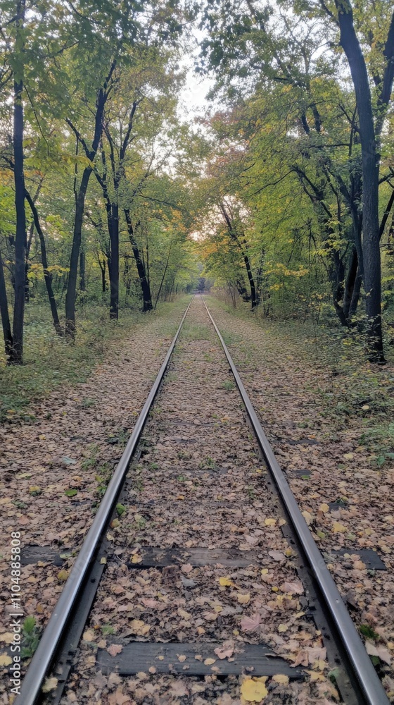 Serene autumnal scene of railway tracks disappearing into a leafy forest, bathed in soft sunlight. Perfect for travel, nature, or contemplative themes. Serene autumnal scene of railway tracks disappearing into a leafy forest, bathed in soft sunlight. Perfect for travel, nature, or contemplative themes.