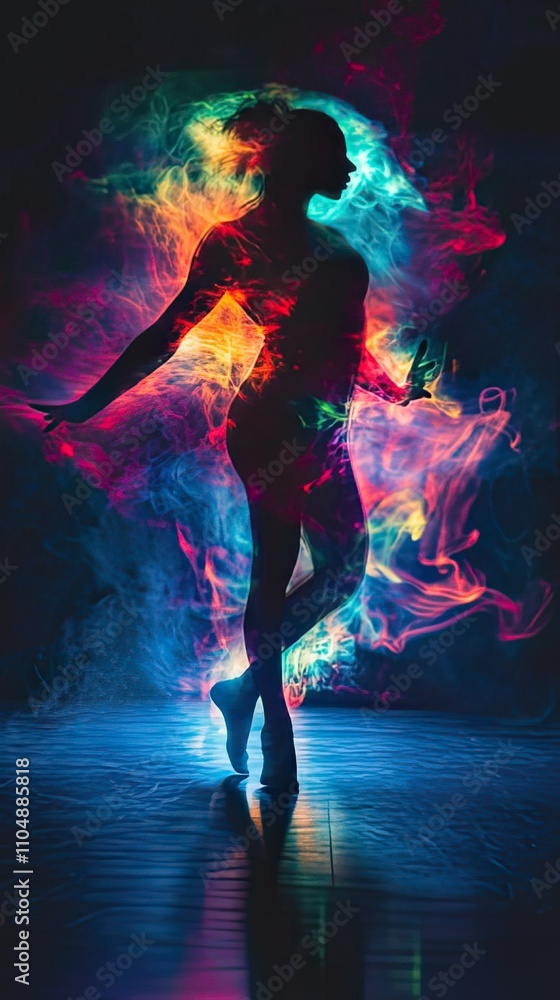 Silhouettes dance women in colorful smoke Silhouettes dance women in colorful smoke