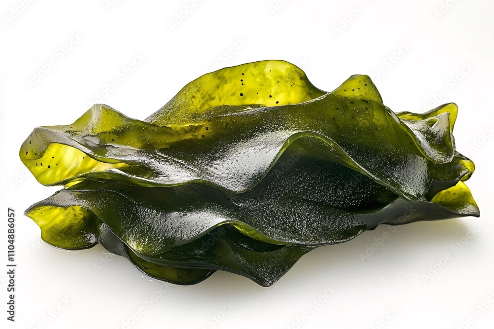Fototapeta premium A vibrant, green seaweed with a wavy texture, showcasing its unique, organic form and glossy appearance, often found in coastal waters.