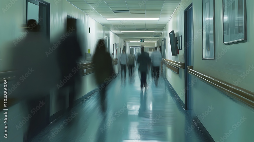 Blurred Figures Walking Hospital Corridor Blurred Figures Walking Hospital Corridor