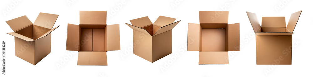 Collection of open cardboard boxes, isolated on a transparent background. Packaging, shipping, and moving concept.
