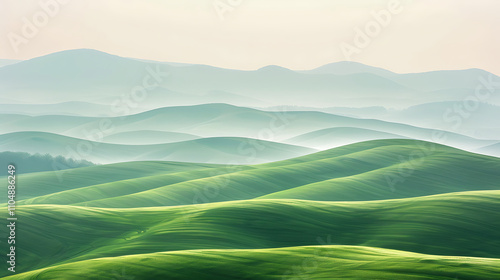 Serene Abstract Minimalist Landscape Featuring Rolling Green Hills Under a Soft Glow of Natural Light in a Calm and Peaceful Setting