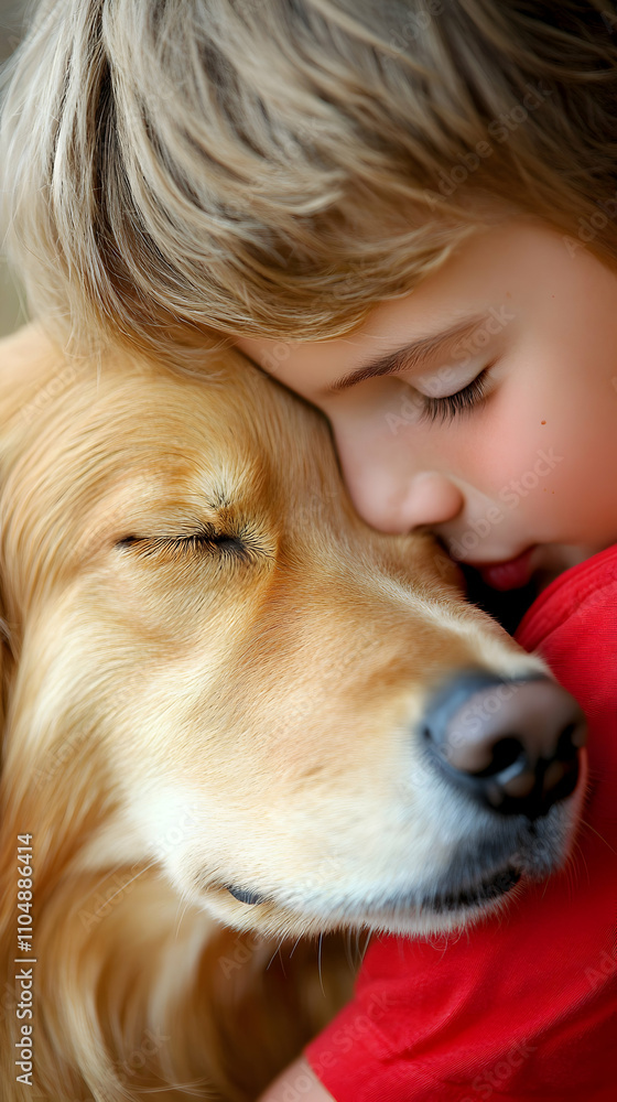 Golden Retriever and Child Embrace Tenderly Golden Retriever and Child Embrace Tenderly