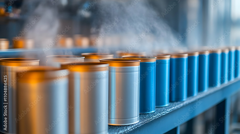 Metallic Cans Moving on Conveyor Belt in Factory Metallic Cans Moving on Conveyor Belt in Factory