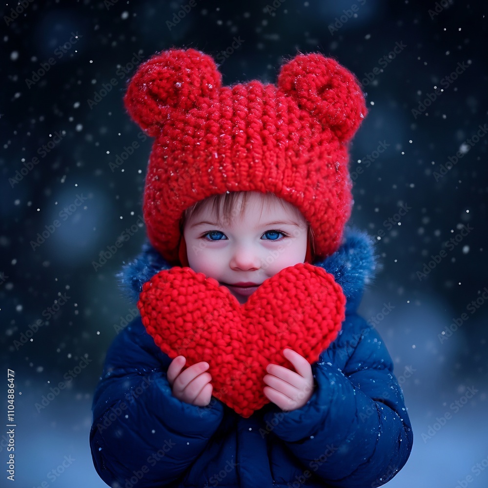 Adorable toddler in red knitted hat holding heart-shaped toy in snowy winter. Adorable toddler in red knitted hat holding heart-shaped toy in snowy winter.