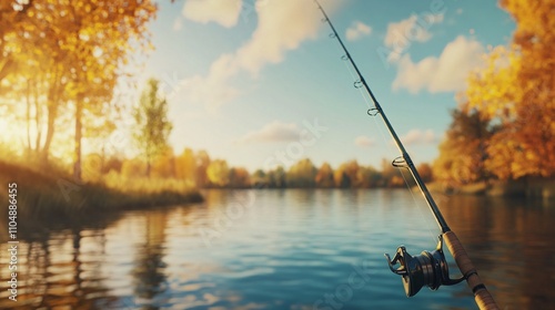 A serene fishing scene with a rod poised over a tranquil lake, surrounded by vibrant autumn foliage and a clear blue sky.