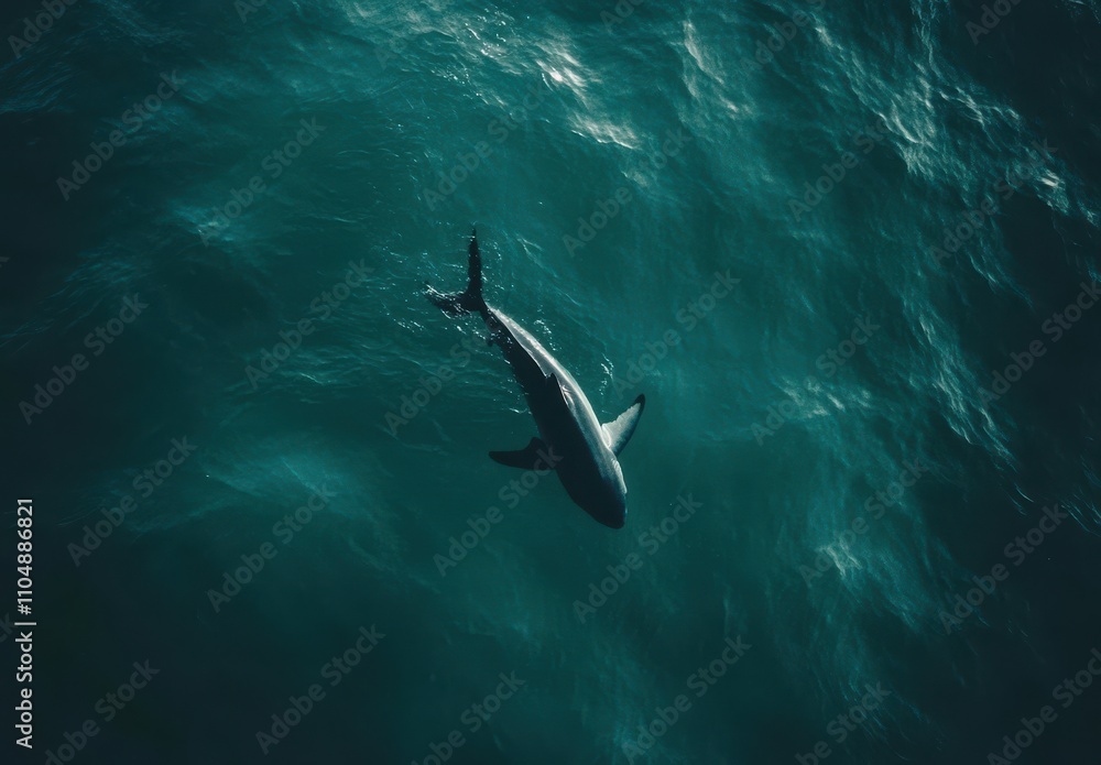 Naklejka premium Aerial View of a Shark Swimming in Turquoise Ocean Water Under Bright Sunlight Capturing the Beauty and Power of Marine Life in Its Natural Habitat