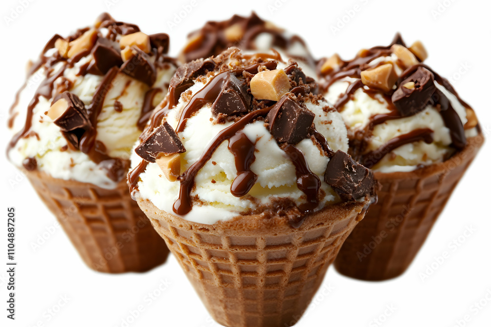 Close-up of Three Vanilla Ice Cream Cones Topped with Chocolate Sauce and Pieces, Sweet Treat Close-up of Three Vanilla Ice Cream Cones Topped with Chocolate Sauce and Pieces, Sweet Treat