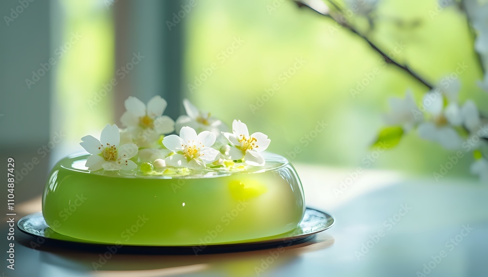 Elegant Green Lime Jelly Dessert with Delicate White Flowers, Springtime Treat, Fresh and Refreshing Culinary Art Elegant Green Lime Jelly Dessert with Delicate White Flowers, Springtime Treat, Fresh and Refreshing Culinary Art