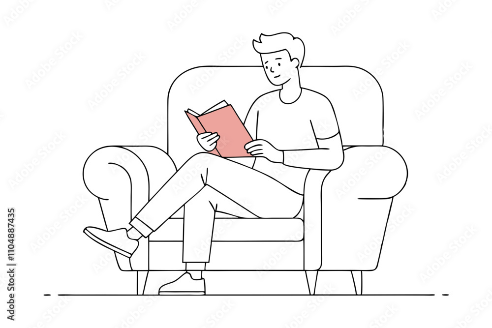 Line Drawing of Man in Comfortable Armchair Reading a Book - Vector Line Art Illustration Line Drawing of Man in Comfortable Armchair Reading a Book - Vector Line Art Illustration