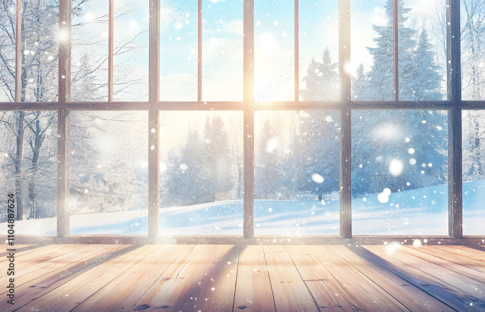 Empty brown wood floor and window clear glass with winter landscape in pine forest with snow orange morning sunlight. Winter frozen. Snowfall white and trees view from house to nature in winter season Empty brown wood floor and window clear glass with winter landscape in pine forest with snow orange morning sunlight. Winter frozen. Snowfall white and trees view from house to nature in winter season