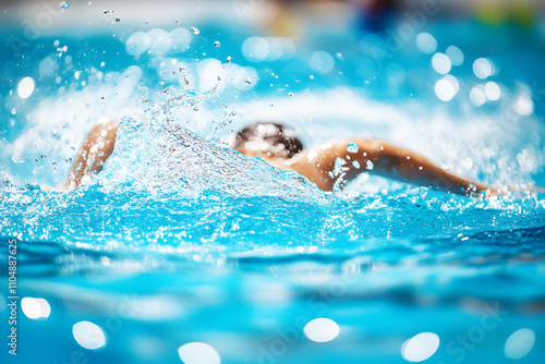 Competitive sport. Person swimming in pool clear blue water with droplets splashing and sunlight reflecting on water surface. Swimmer arms are in motion, cutting through water with strength and grace. photo