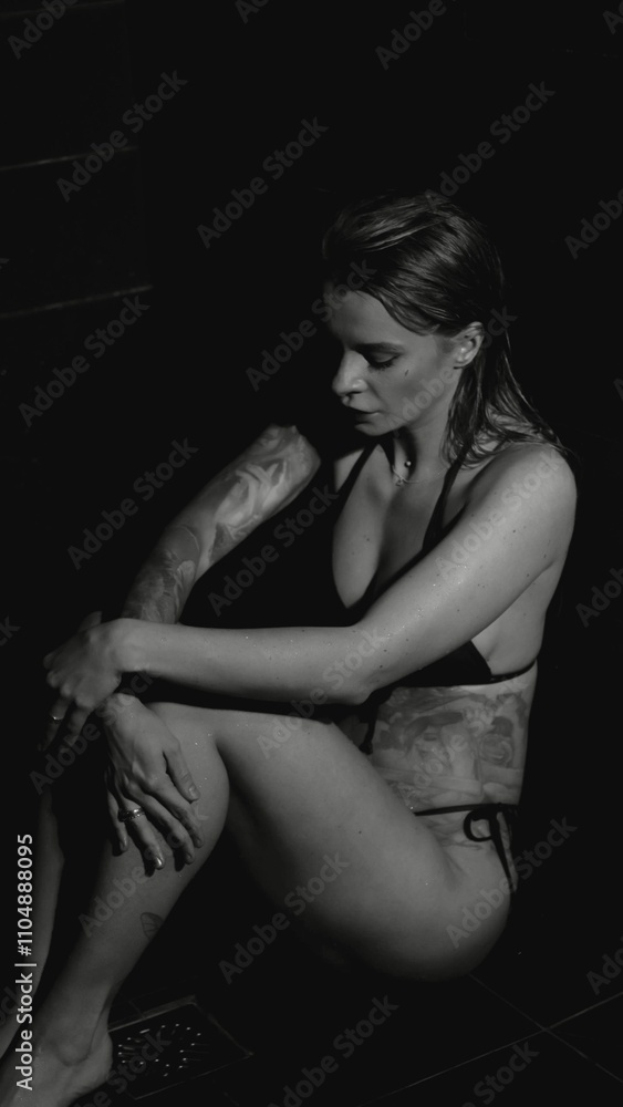 Sexy woman fashion model takes a shower in a swimsuit, posing for the camera. Monochrome photography. Sexy woman fashion model takes a shower in a swimsuit, posing for the camera. Monochrome photography.