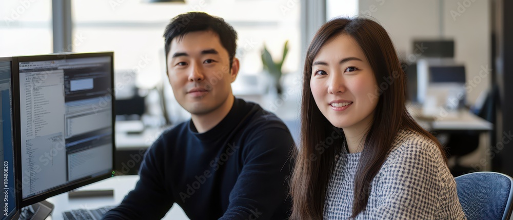 Focused shot of Asian duo seated at dual monitors in a hightech office space, precision and technology emphasis Focused shot of Asian duo seated at dual monitors in a hightech office space, precision and technology emphasis