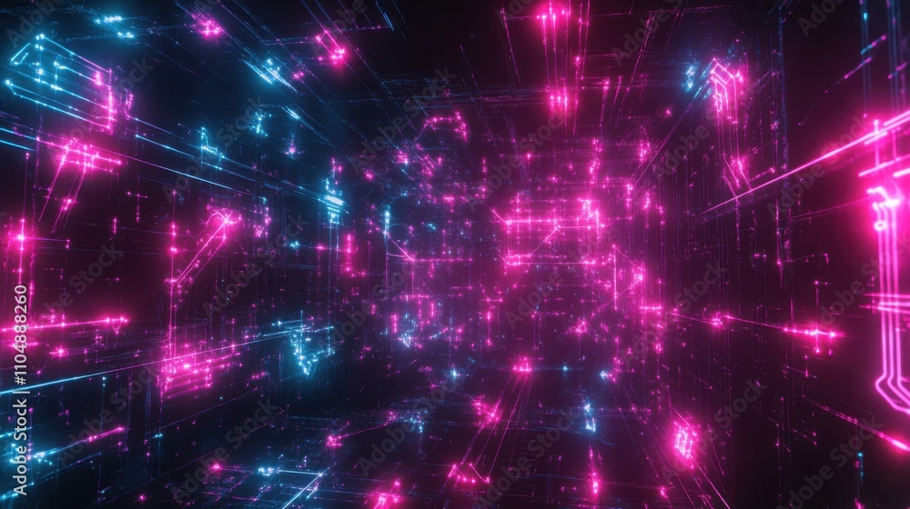 Neon Blue and Pink Digital Data Tunnel in Futuristic Space Neon Blue and Pink Digital Data Tunnel in Futuristic Space