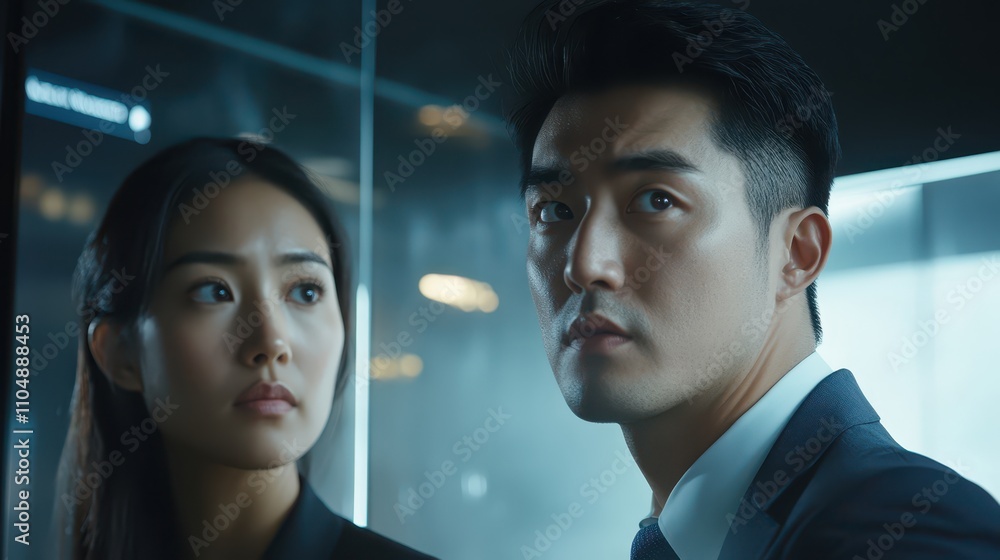 Professional Asian duo with focused expressions discussing strategy in a glasswalled boardroom, corporate decisionmaking Professional Asian duo with focused expressions discussing strategy in a glasswalled boardroom, corporate decisionmaking