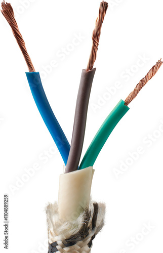 close-up of copper three core electrical cable with color coded live, neutral and earth or ground wires with white plastic sheath, covered with braided fiber layer, isolated white background photo