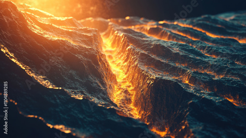 Dynamic 3D visualization of seismic waves bending through rocky terrain, showcasing vibrant orange and yellow hues against dark textures, creating dramatic and captivating scene