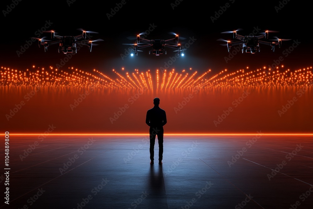 A 3D-rendered scene of a celebrity stepping onto a futuristic stage, with glowing LED patterns and floating drones capturing their every move A 3D-rendered scene of a celebrity stepping onto a futuristic stage, with glowing LED patterns and floating drones capturing their every move