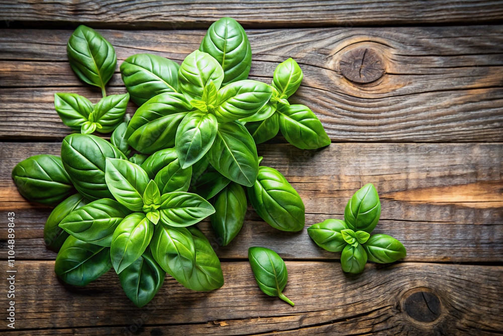 Fresh basil leaves on rustic wooden surface. Fresh basil leaves on rustic wooden surface.