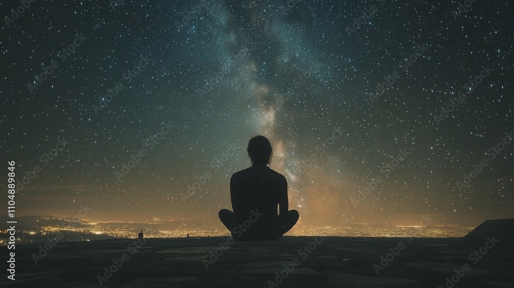 Lonely figure on rooftop at night amid city lights and stars Lonely figure on rooftop at night amid city lights and stars