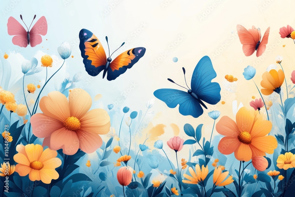 Colorful butterflies flutter over a field of blooming flowers. Colorful butterflies flutter over a field of blooming flowers.