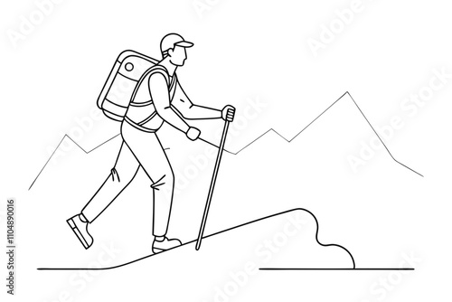 Line Drawing of Man Hiking Up Mountain with Trekking Pole and Backpack
