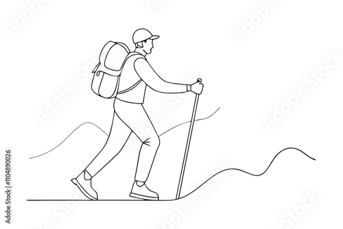 Line Drawing of Man Hiking Up Mountain with Trekking Pole and Backpack