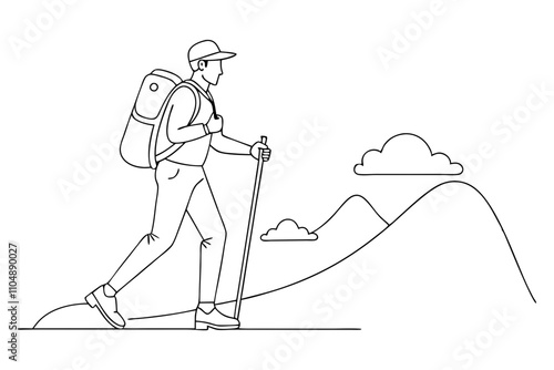 Line Drawing of Man Hiking Up Mountain with Trekking Pole and Backpack