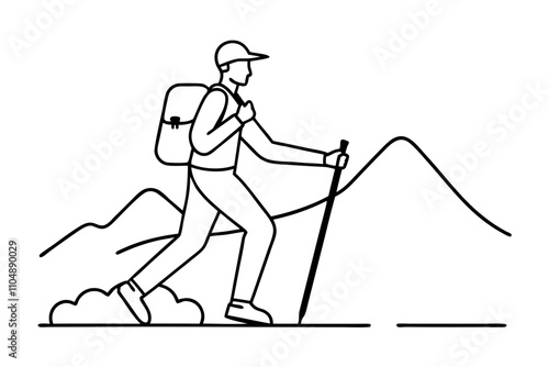 Line Drawing of Man Hiking Up Mountain with Trekking Pole and Backpack